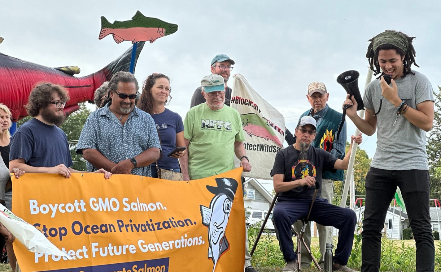 NAMA's Jon Russell speaks at a press conference organized by BCS at Farm Aid 2023, hosted near AquaBounty’s GE Salmon facility in Indiana - credit Noël Lum